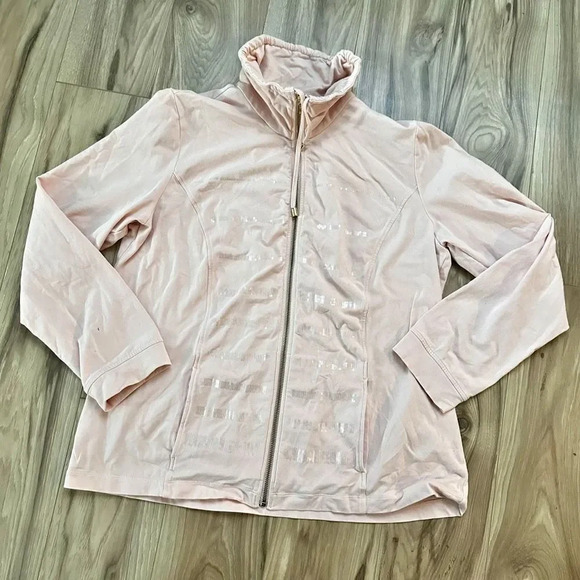 ZENERGY BY CHICO’S | Blush Pink Clear Sequin Zip Up Track Jacket | Size 2 Large - Picture 1 of 9